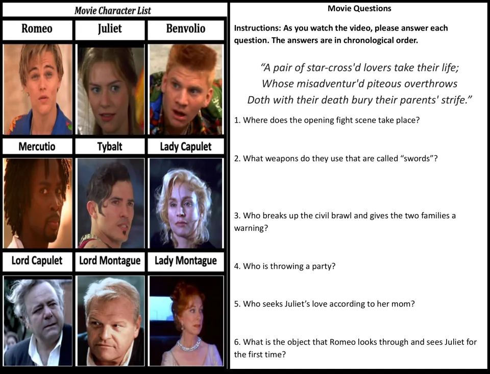 Movie character list and questions 1-6: students answer in order while watching, from the opening fight to the party