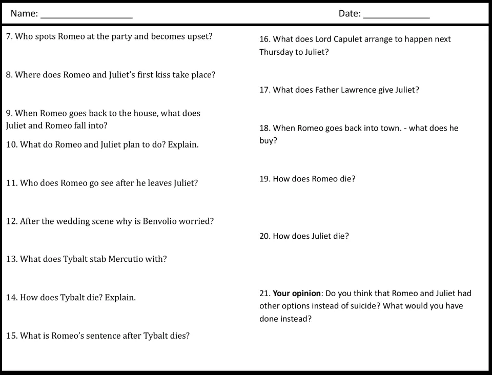 Viewing questions 7-21 follow the plot from the party to both deaths and end with an opinion question on other options