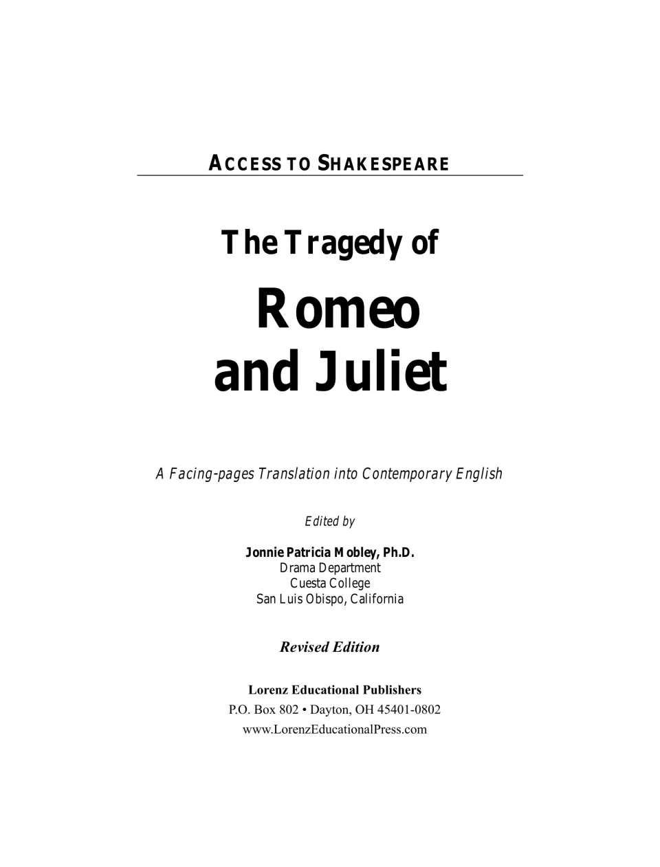 Title page of the revised edition, edited by Jonnie Patricia Mobley, Ph.D., Drama Department, Cuesta College
