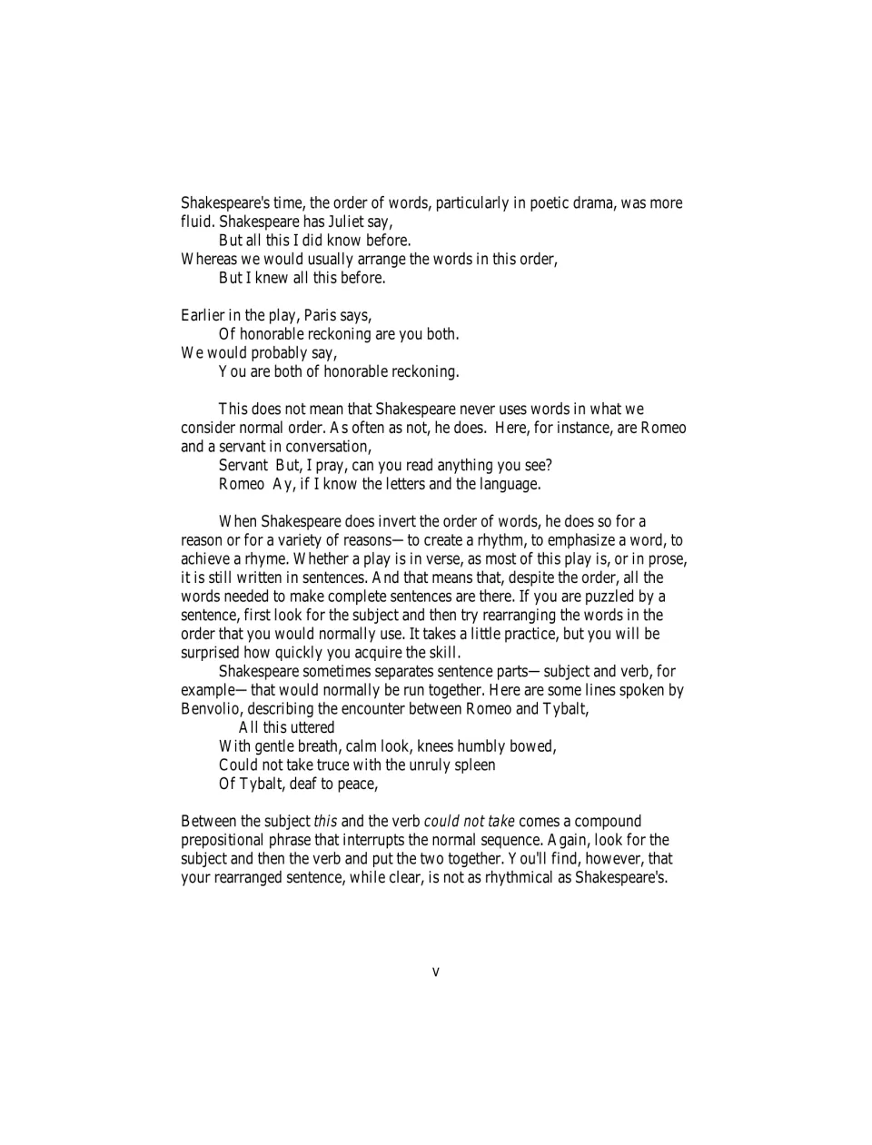 Shakespeare's word order: lines from Juliet, Paris and Benvolio show how to find the subject and verb, then reorder