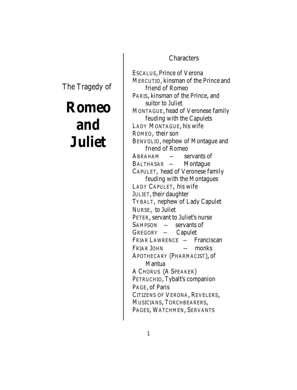 Cast list naming the Montagues, Capulets, Prince Escalus, Mercutio, Paris, Friar Lawrence, the Nurse and servants