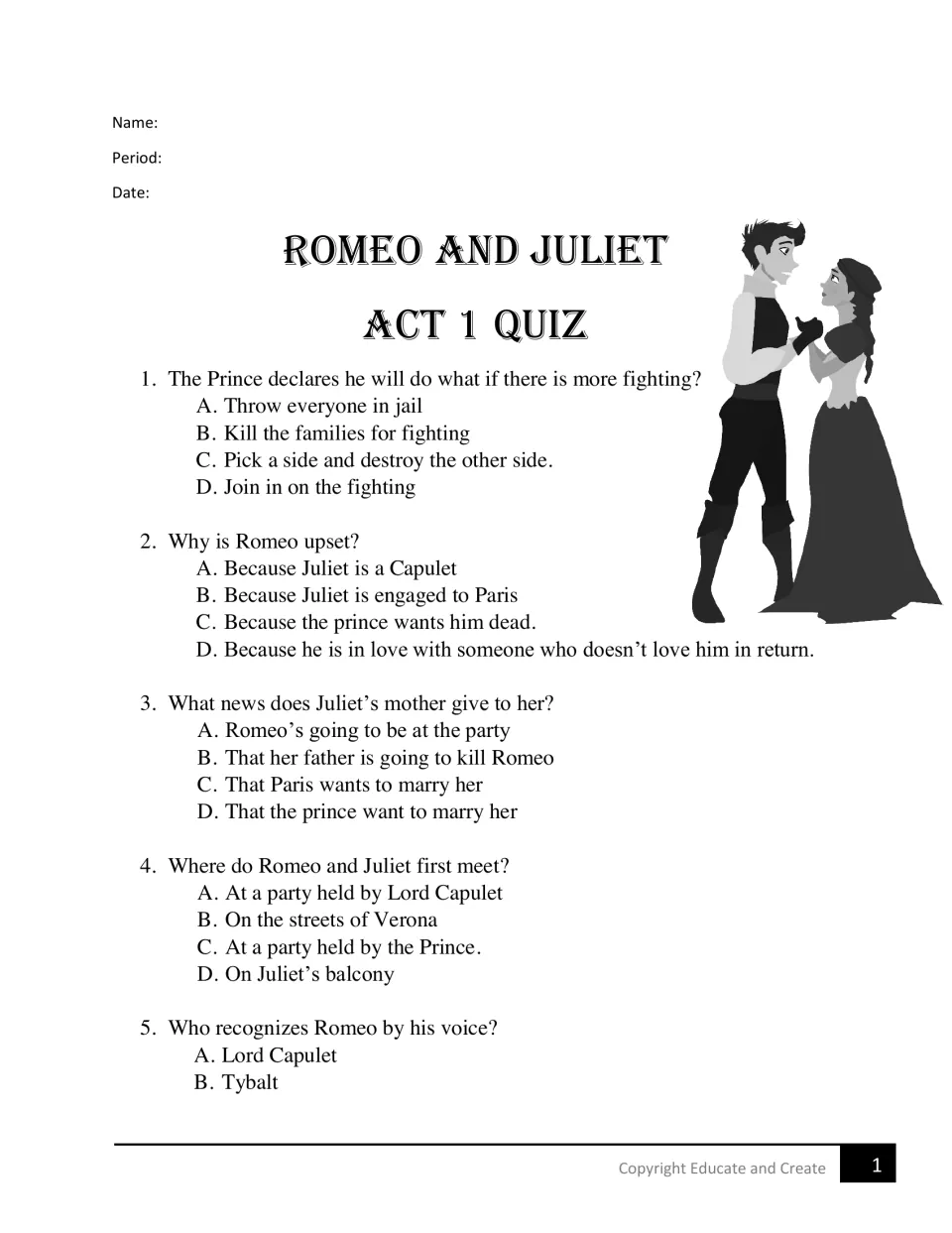 Romeo and Juliet Act 1 quiz: multiple-choice questions 1-5 on the Prince's threat, Romeo's mood and where the lovers meet