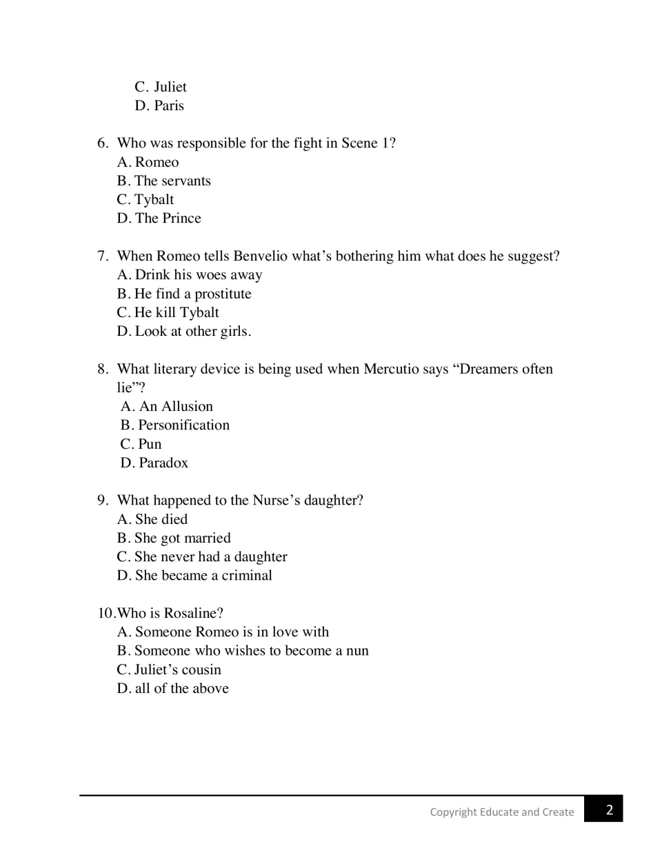 Multiple-choice questions 6-10 on Scene 1's fight, Mercutio's literary device, the Nurse's daughter and who Rosaline is