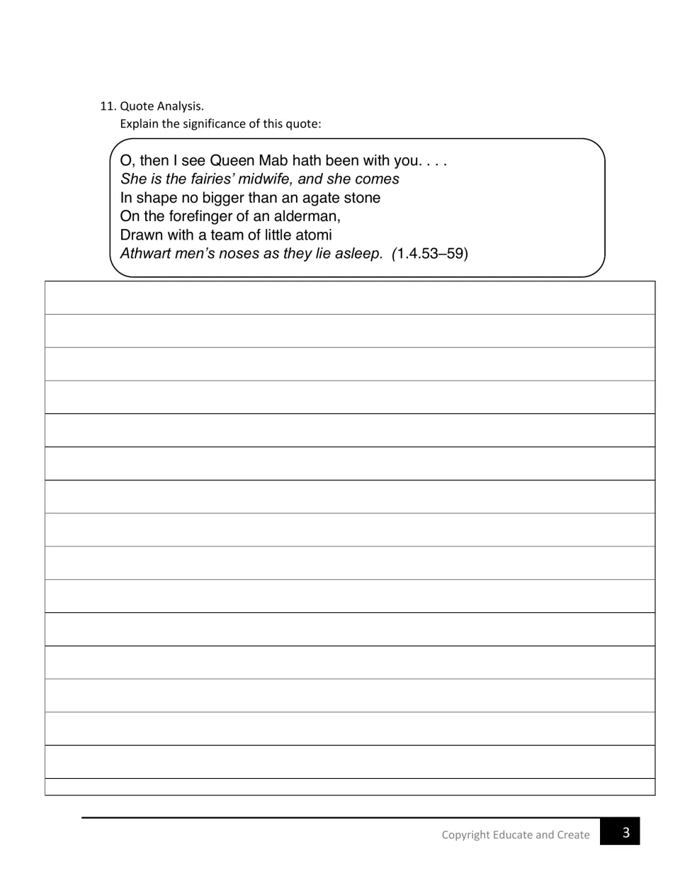 Queen Mab quote analysis: students explain the significance of Mercutio's lines from 1.4.53-59 in a written response