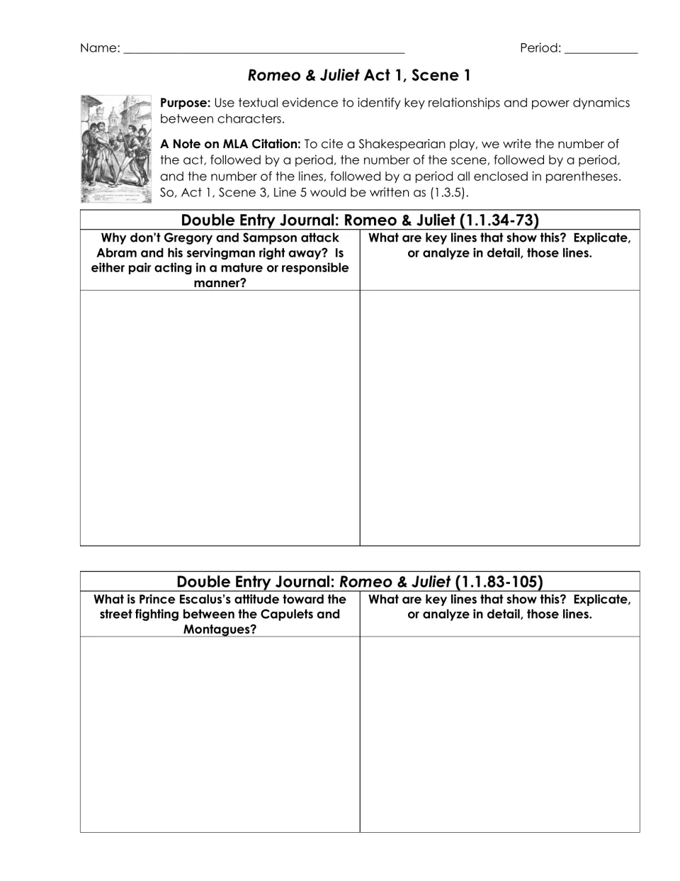 Romeo & Juliet 1.1 journals: students explain the servants' quarrel and Prince Escalus's attitude, citing key lines