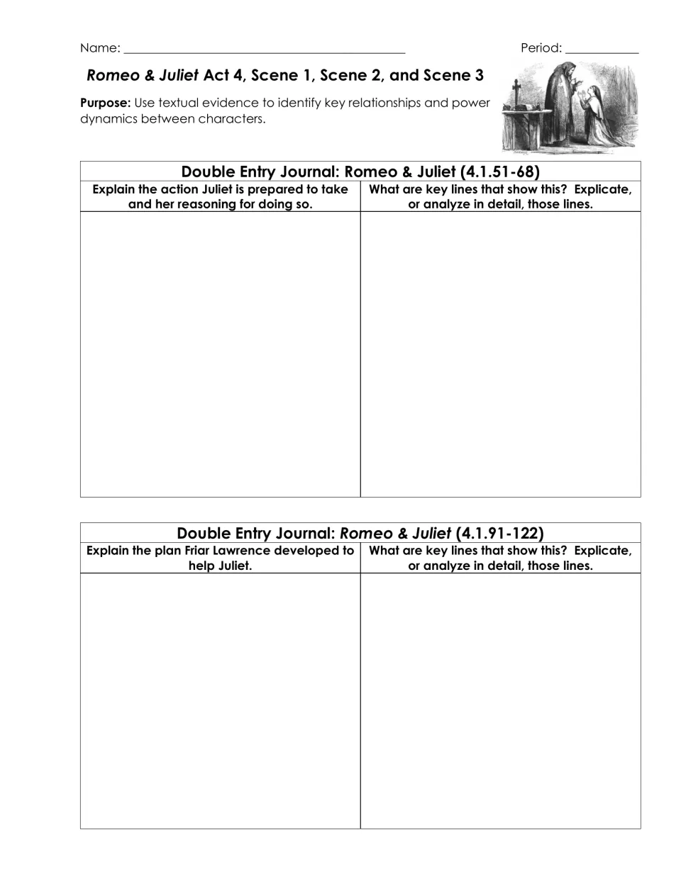 Romeo & Juliet 4.1 journals: students explain Juliet's resolve and the Friar's plan, then explicate key lines as evidence