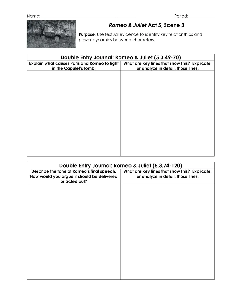 Romeo & Juliet 5.3 tomb scene: students explain the Paris-Romeo fight and the tone of Romeo's final speech with key lines