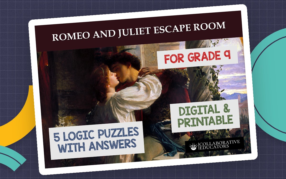 Romeo and Juliet Escape Room cover with a balcony-scene photograph and text for five logic puzzles with answers.