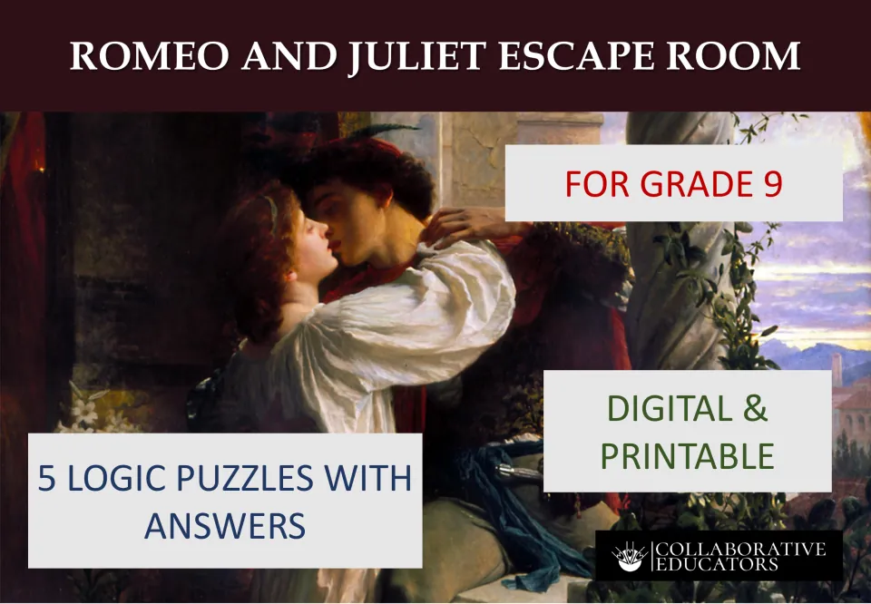 Escape room cover identifying five logic puzzles with answers for Grade 9, in digital and printable formats