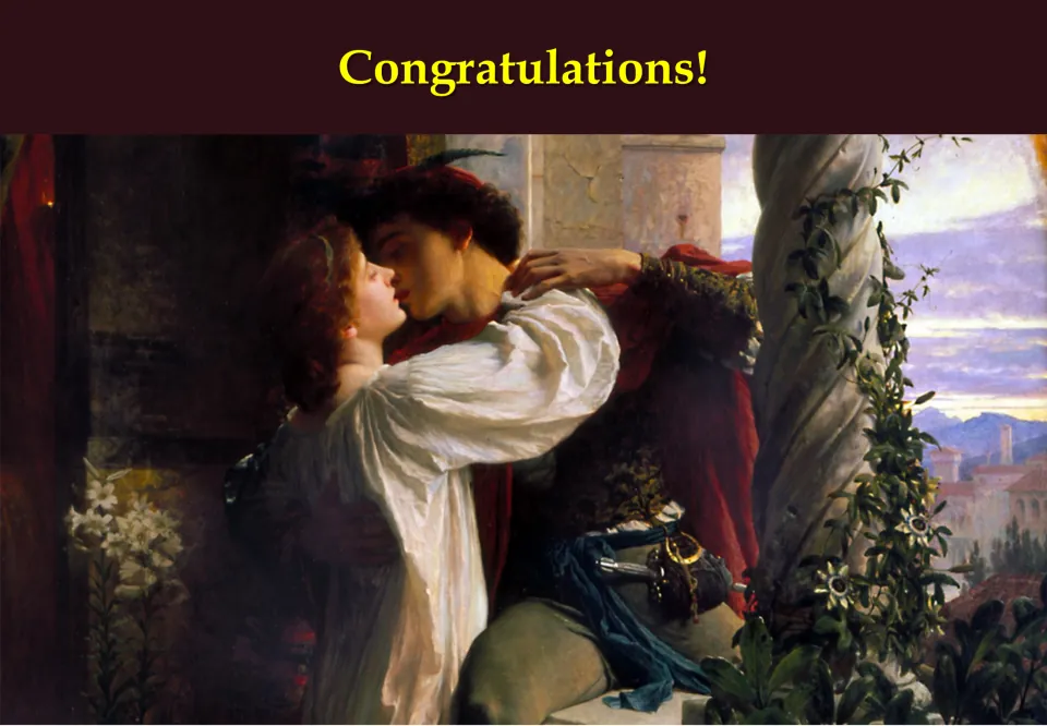Closing escape room slide displaying “Congratulations!” above an illustration of Romeo and Juliet embracing