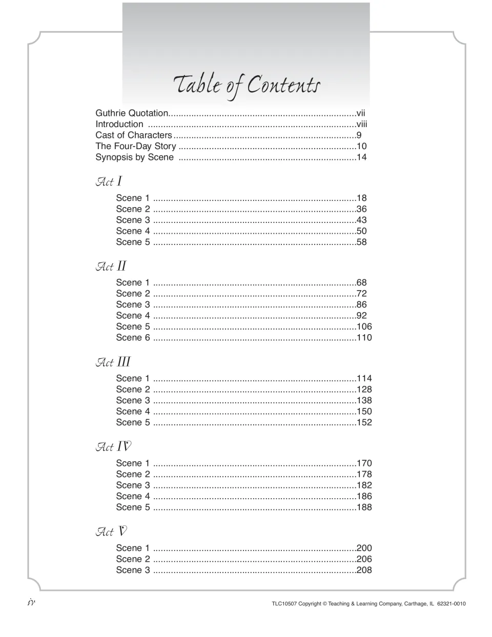 Table of contents listing the introduction, cast, Four-Day Story, scene synopsis and pages for each scene in Acts I to V