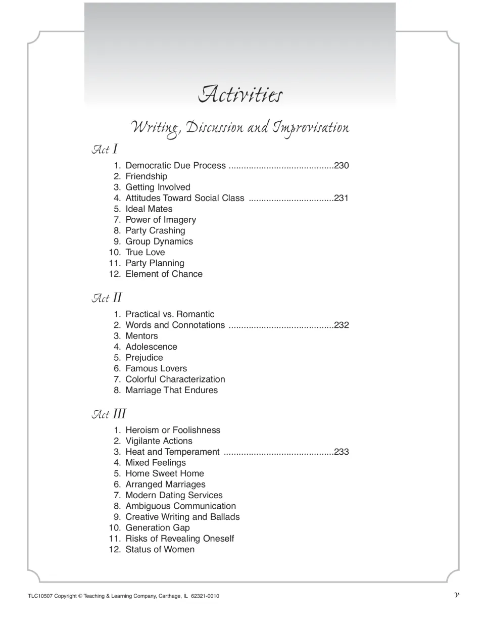 Activities for Acts I-III: writing, discussion and improvisation prompts such as Friendship, Prejudice and Generation Gap