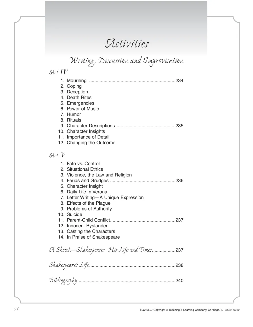 Activities list for Acts IV and V, including Mourning and Fate vs. Control, plus a Shakespeare life sketch and bibliography