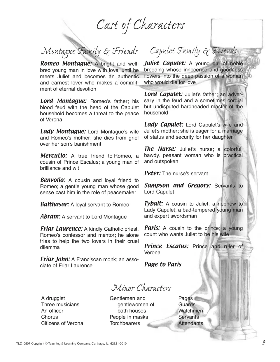 Cast of characters grouped by Montague and Capulet families and friends, with a short note on each, plus minor roles