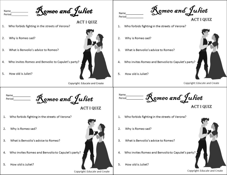 Act I quiz, four copies per sheet: students answer 5 questions on Verona's street fights, Romeo's sadness and Juliet's age