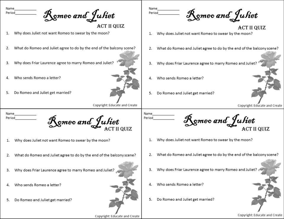 Act II quiz, four copies per sheet: 5 short-answer questions on the balcony scene, swearing by the moon and Friar Laurence