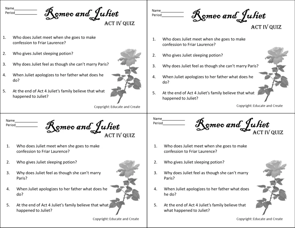 Act IV quiz, four copies per sheet: 5 questions on Juliet's confession, the sleeping potion and why she can't marry Paris