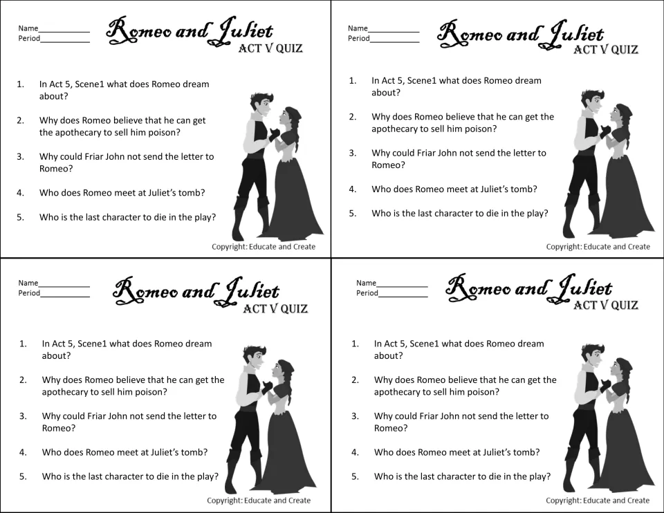 Act V quiz, four copies per sheet: 5 questions on Romeo's dream, the apothecary's poison, Friar John's letter and the tomb