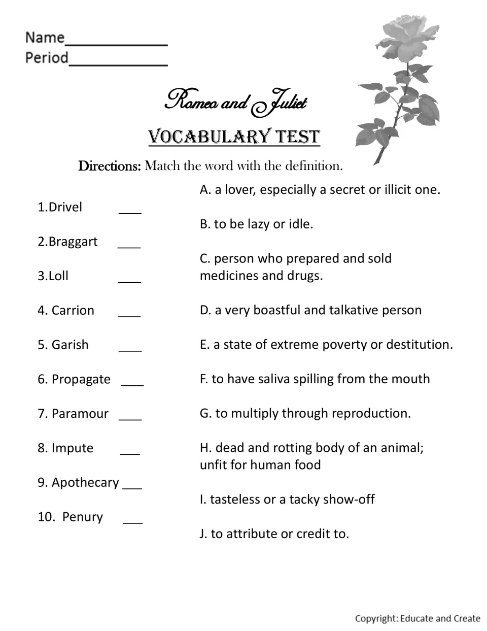 Vocabulary test part 1: students match words 1-10, such as drivel, loll and apothecary, to definitions lettered A to J