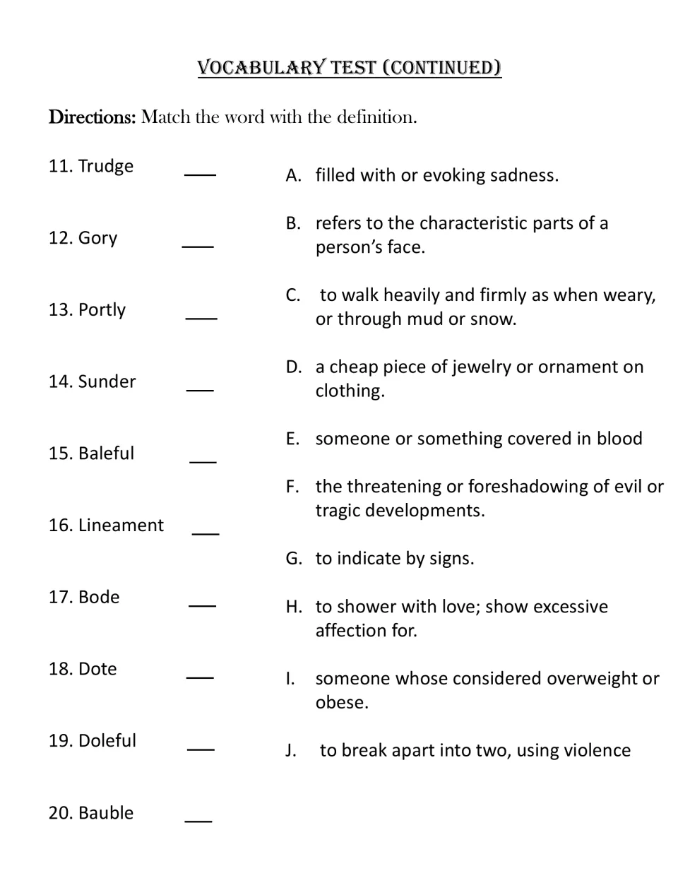 Vocabulary test continued: students match words 11-20, from trudge and sunder to doleful and bauble, to definitions A to J