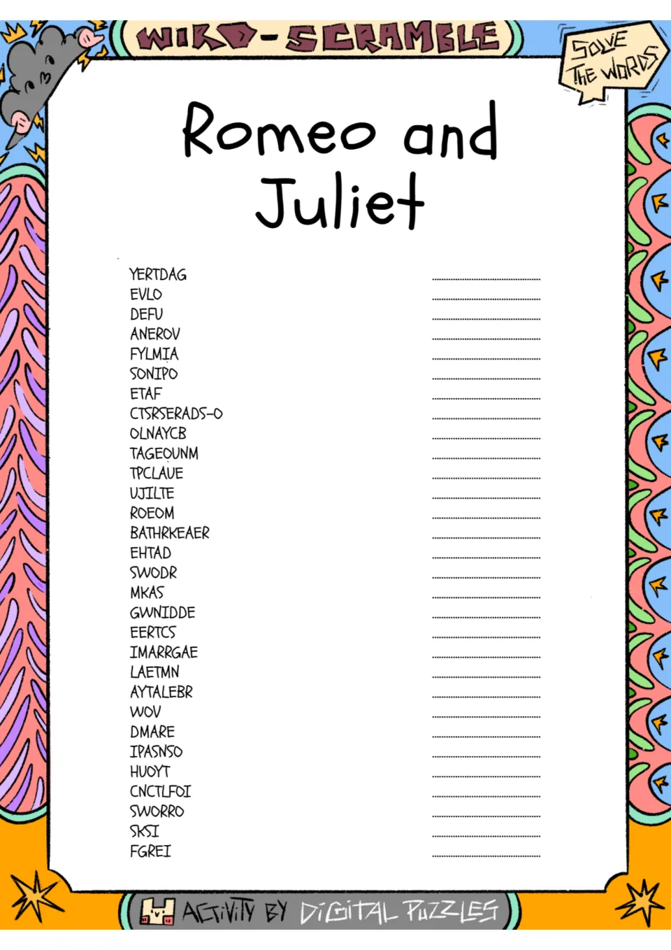 Romeo and Juliet word scramble: students unscramble 30 jumbled play terms, starting with YERTDAG, EVLO, DEFU and ANEROV