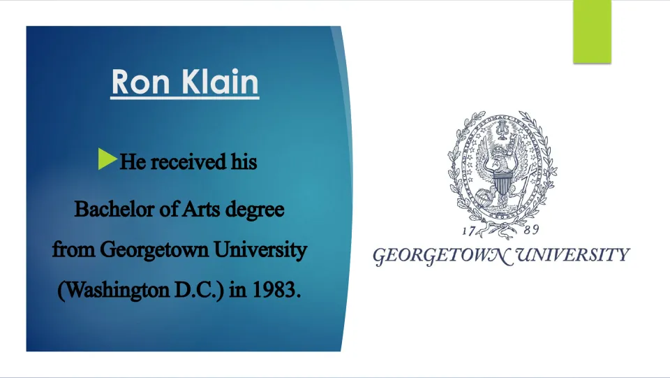 College education slide stating that Ron Klain earned his Bachelor of Arts from Georgetown in 1983