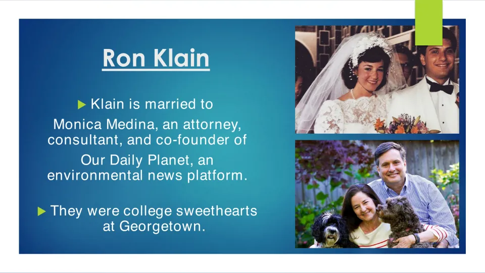 Marriage slide introducing Ron Klain’s wife, Monica Medina, and their time as Georgetown college sweethearts