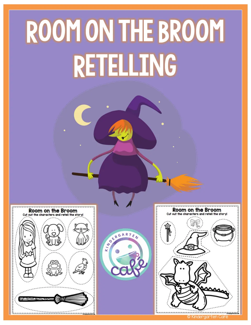 Retelling resource cover showing a witch on a broom and previews of the two character and prop cutout sheets.