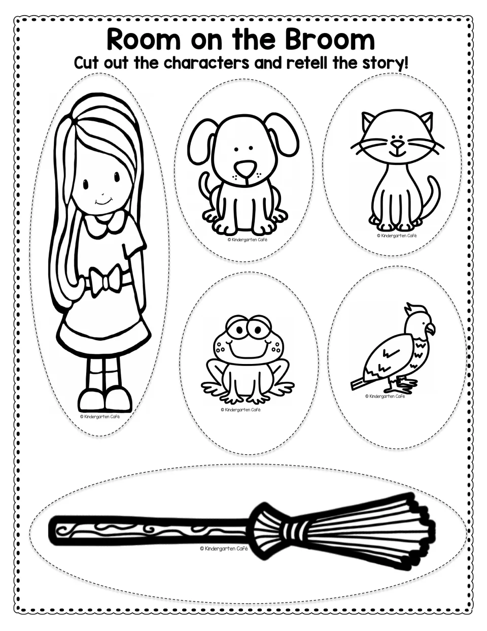 Retelling cutout sheet 1 of 2: a witch, dog, cat, frog, bird, and broom to cut out and retell the story.