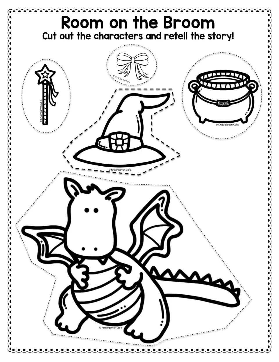 Retelling cutout sheet 2 of 2: a wand, bow, cauldron, hat, and dragon to cut out and retell the story.