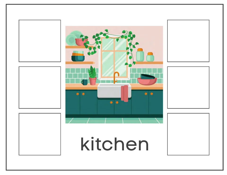 Kitchen sort mat: students place six picture cards of kitchen items around a scene of a sink, shelves and cabinets