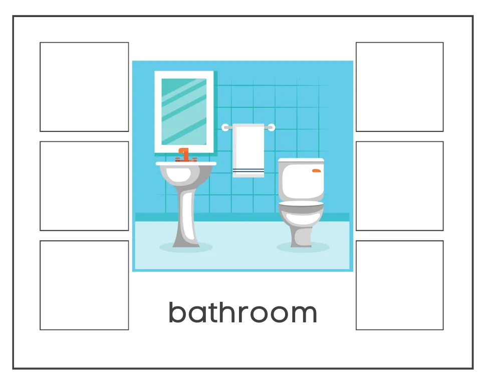 Bathroom sort mat: students match six item pictures to a bathroom scene with a sink, mirror, towel rail and toilet