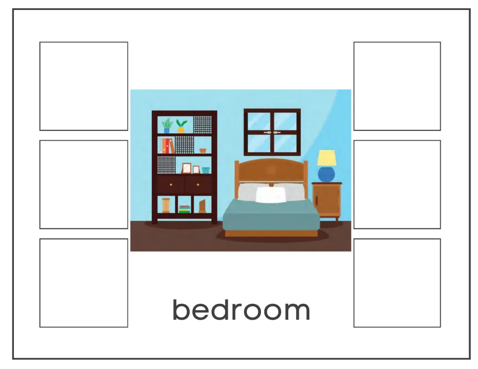 Bedroom sort mat: students categorize six object pictures that belong with a scene of a bed, lamp and bookshelf