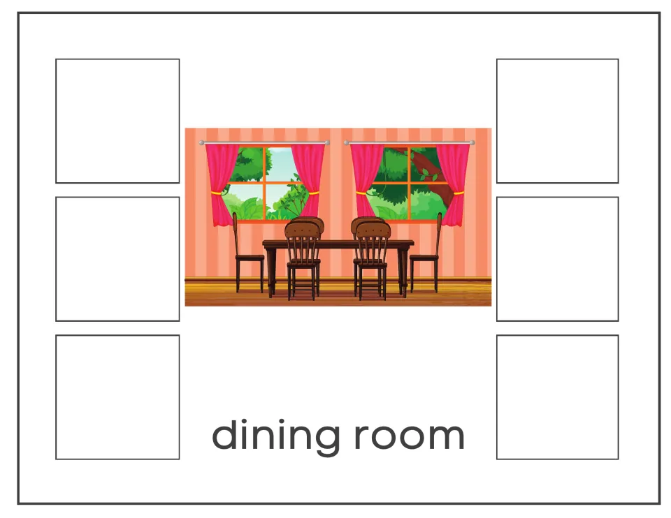 Dining room sort mat: students add six item pictures that go with a scene of a dining table, chairs and curtains