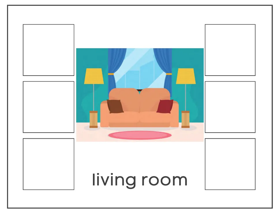 Living room sort mat: students sort six object pictures to a scene showing a sofa, cushions, floor lamps and a rug