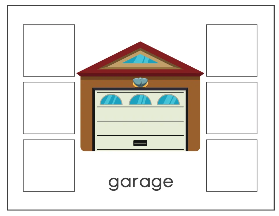 Garage sort mat: students classify six picture cards of things kept in a garage, shown with a closed garage door