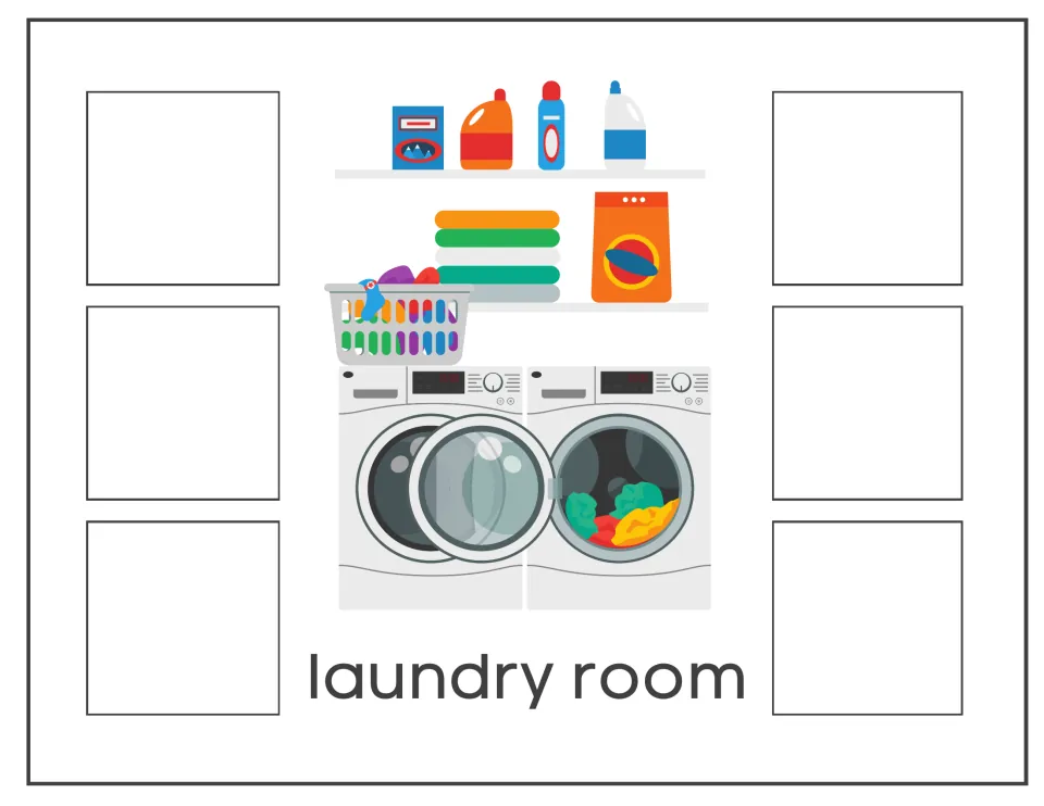 Laundry room sort mat: students place six item pictures by a scene of a washer, dryer, detergent and laundry basket