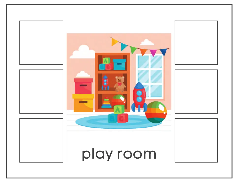 Play room sort mat: students sort six toy pictures to a scene with blocks, a teddy bear, a toy rocket and a ball