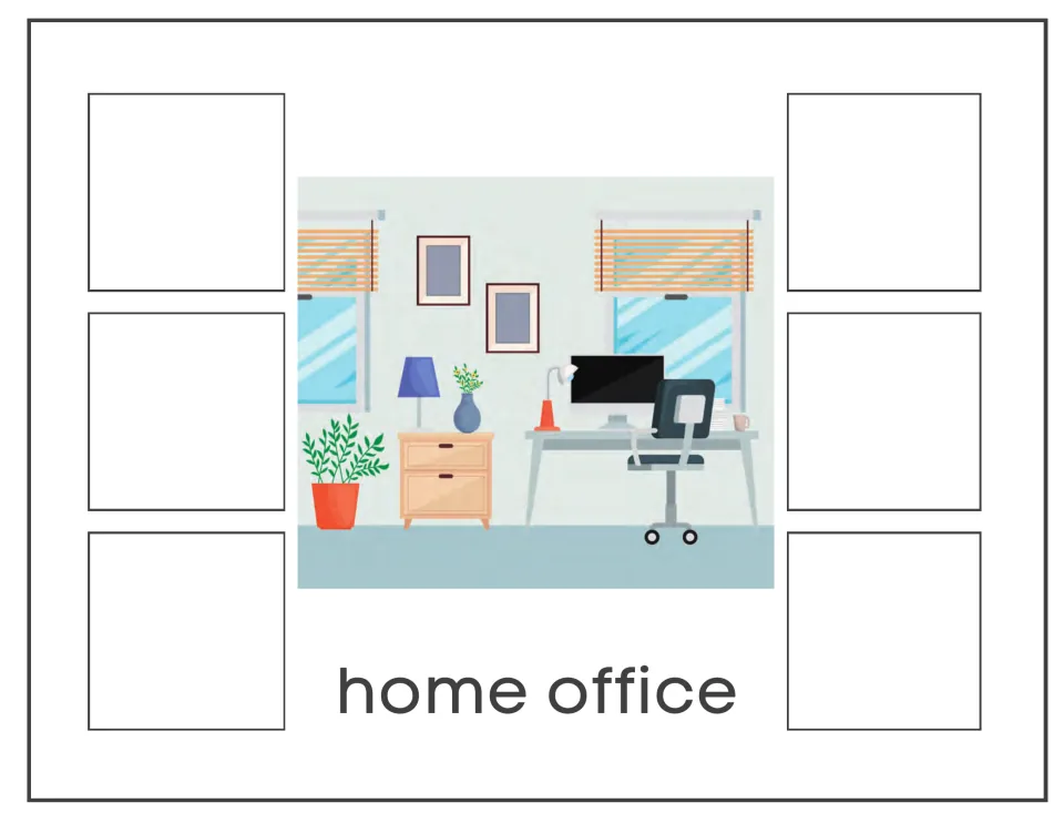 Home office sort mat: students match six object pictures to a scene with a desk, computer, office chair and lamp