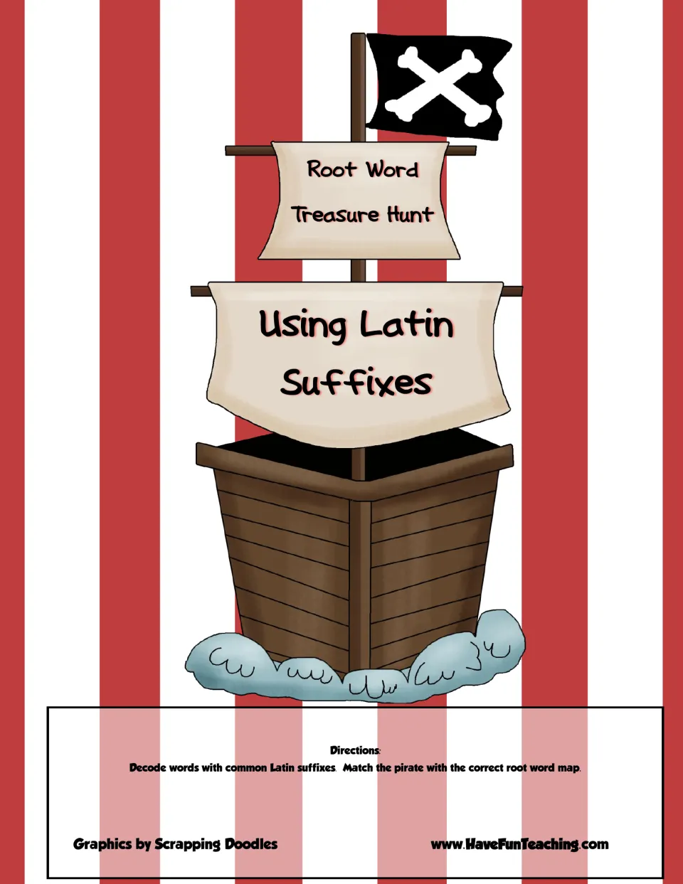 Root Word Treasure Hunt cover on a pirate ship: decode Latin suffix words and match each pirate to its root word map