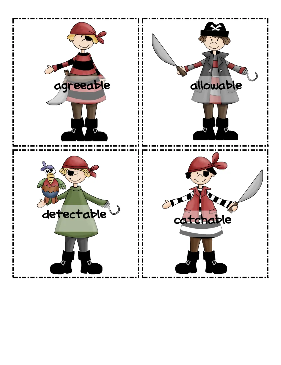 Pirate cards for -able words: agreeable, allowable, detectable and catchable, each to cut out and match to its root