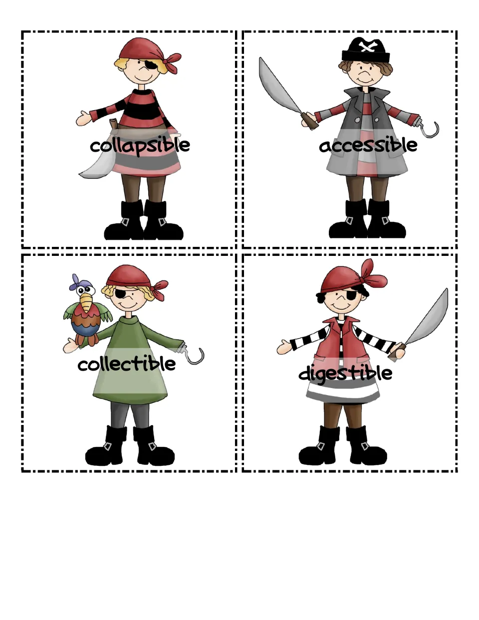 Pirate cards for -ible words: collapsible, accessible, collectible and digestible, for matching each word to its root