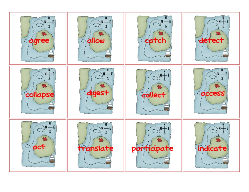 Treasure map cards showing 12 root words, such as agree, digest, collect, act and translate, for pairing with pirate cards