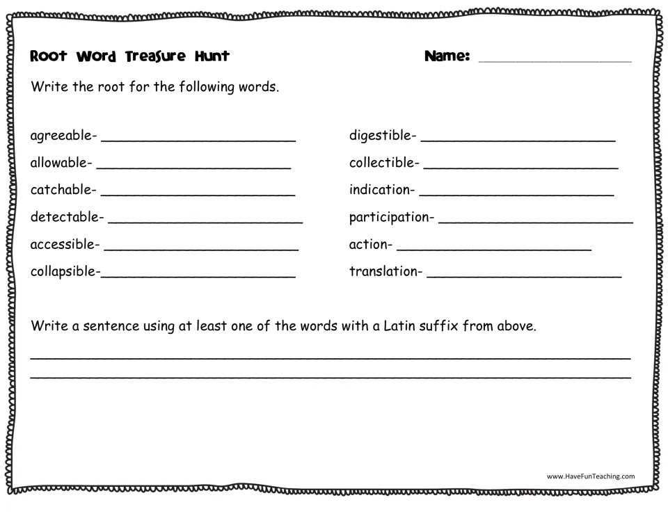 Recording sheet: students write the root of 12 suffixed words, like agreeable and translation, then use one in a sentence