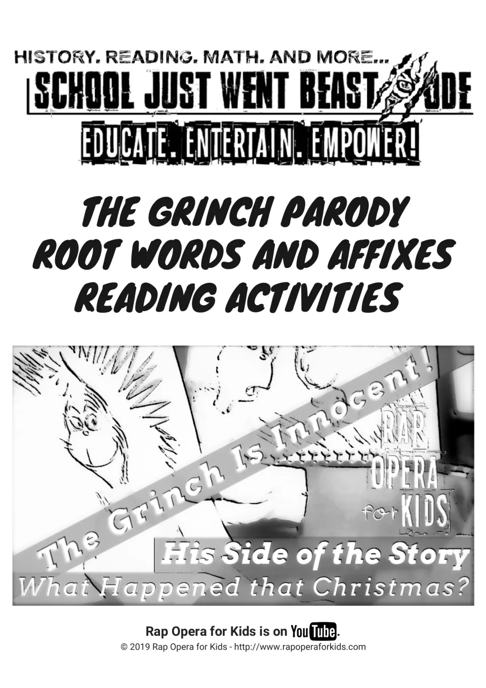 Cover for The Grinch Parody root words and affixes reading activities, with a Grinch Is Innocent song video still