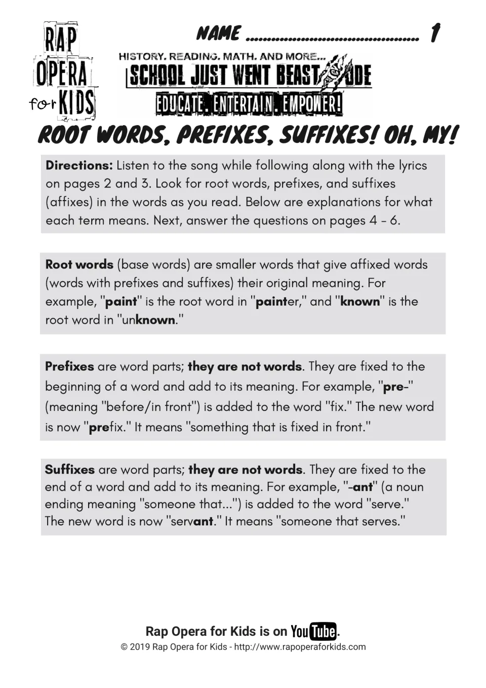 Root words, prefixes, suffixes intro: students read definitions with examples like painter, prefix and servant
