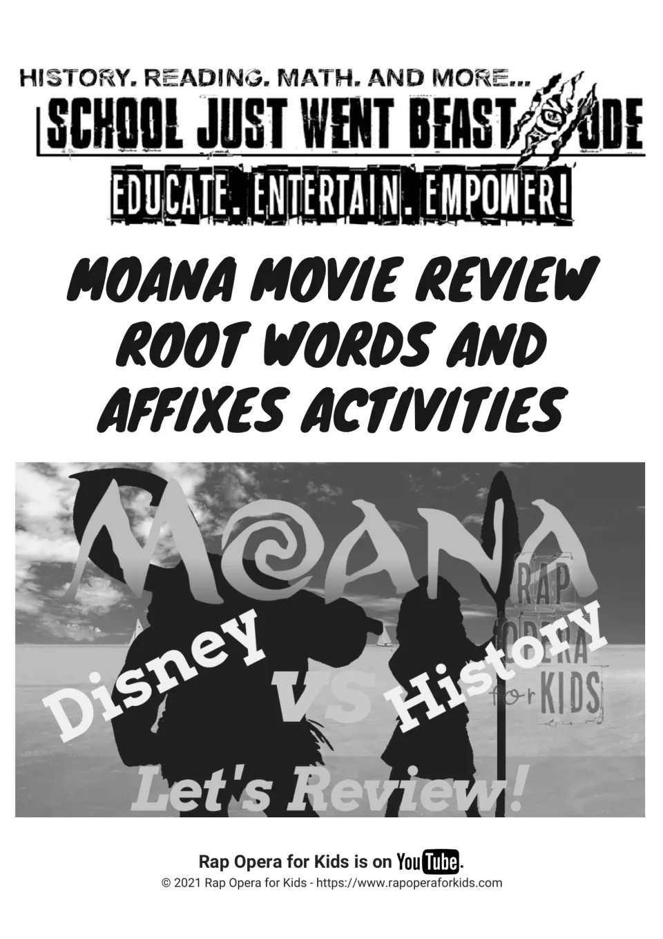Cover: Moana Movie Review root words and affixes activities, with a Disney vs History, Let's Review! Moana banner