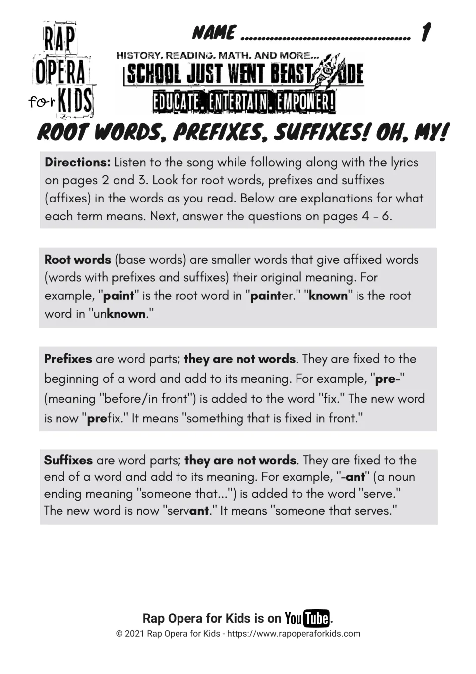 Root words, prefixes, suffixes intro: directions to read song lyrics, definitions with paint, prefix and servant examples