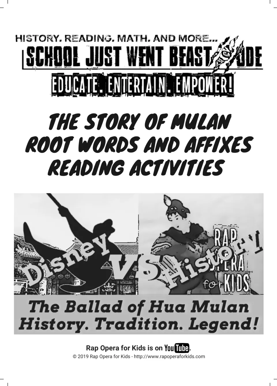 Cover: The Story of Mulan root words and affixes reading activities, with Disney vs. History Ballad of Hua Mulan art