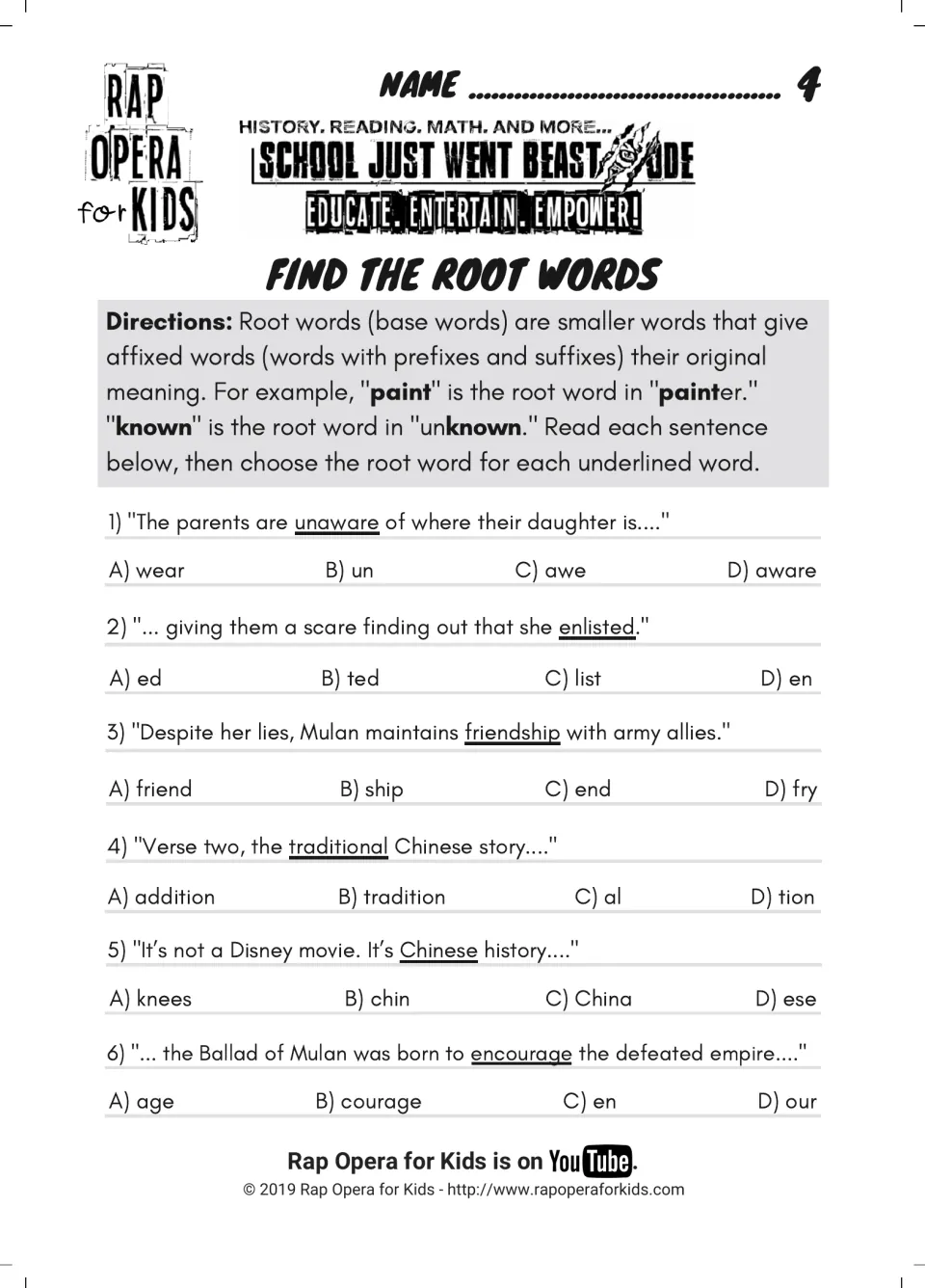 Find the root words: students pick the root of 6 underlined words such as unaware, enlisted, friendship and encourage